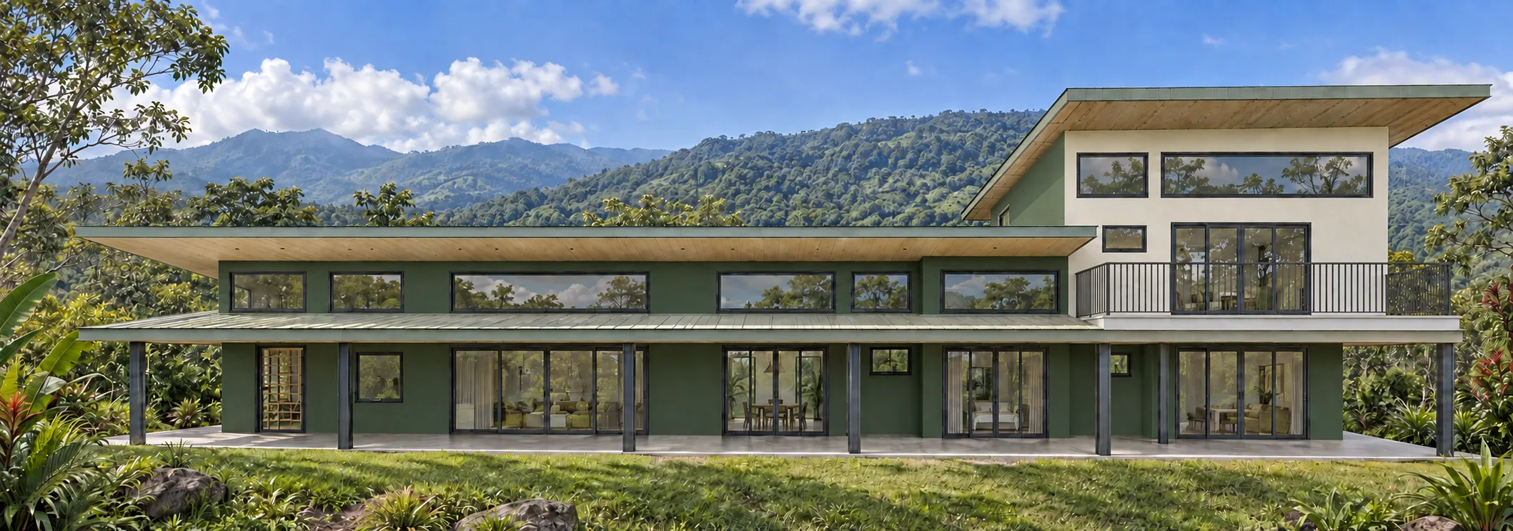 Whole-house exterior composition with green walls and light contrasting surfaces