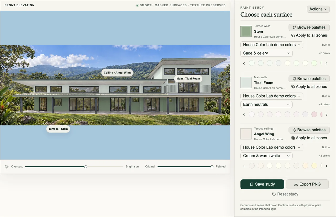 Color palette controls with independently selectable exterior surfaces