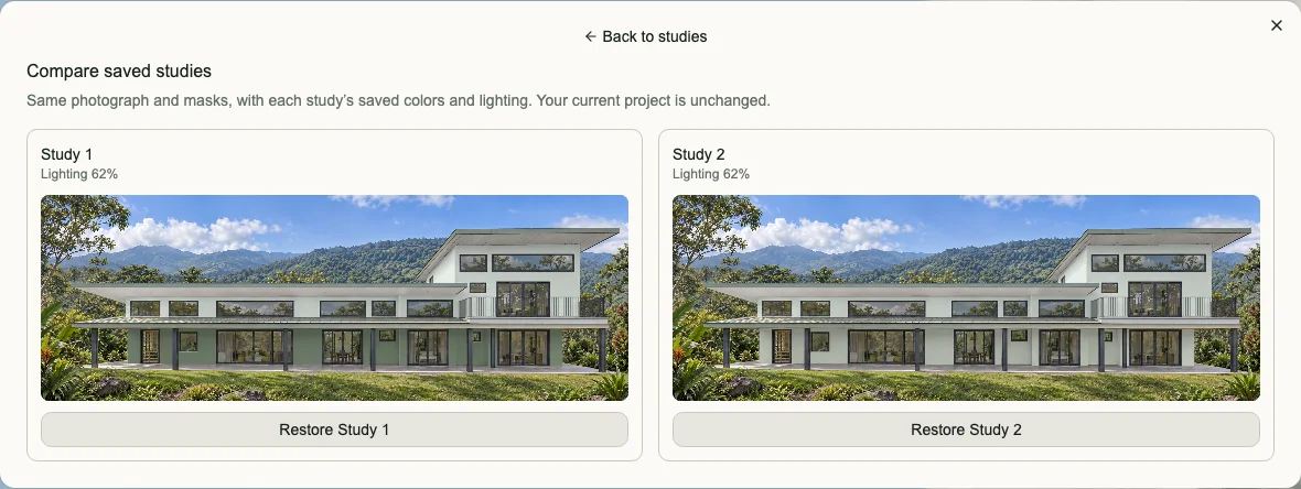 Two saved exterior color studies compared side by side